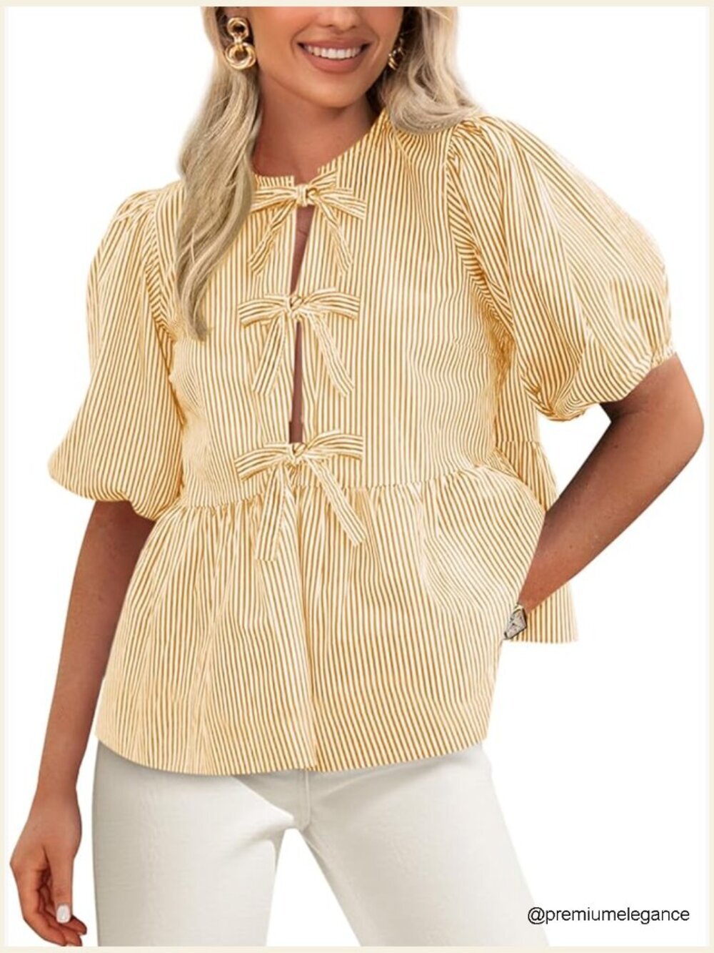 Tie Front Striped Babydoll Blouse Puffy Sleeve Peplum Top Summer Trendy